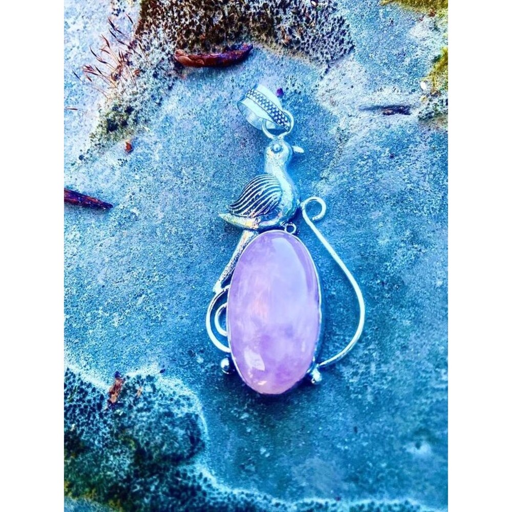 Silver whimsical cottagecore bird motif art nouveau large Rose Quartz crystal